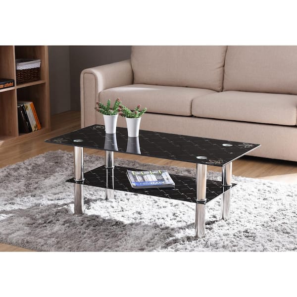 HODEDAH 40 in. Black Medium Rectangle Glass Coffee Table with Chrome Plated Legs