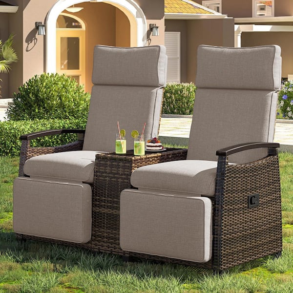 Unbranded Brown Wicker Outdoor Recliner Loveseat Chair, Patio Lounge Chair Set with Built-in Storage Side Table and Brown Cushions