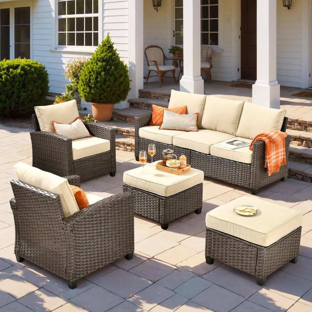 Serena Grey 5-Piece Outdoor Patio Furniture Wicker Conversation Sofa Seating Set with Ottoman and Beige Cushion price history on PriceWatchPro