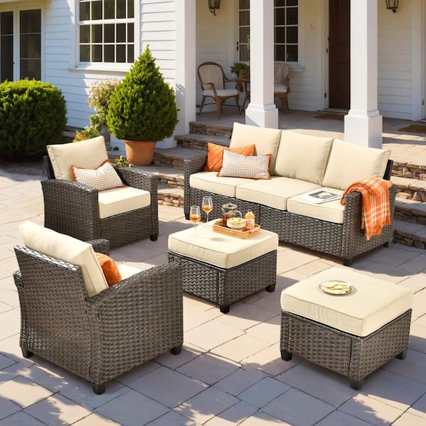Serena Grey 5-Piece Outdoor Patio Furniture Wicker Conversation Sofa Seating Set with Ottoman and Beige Cushion