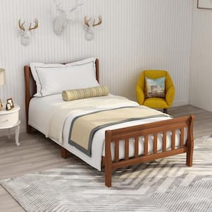 Oak Twin Size Wood Platform Bed with Headboard and Footboard, Sturdy Sleigh Panel Bed Frame with Wood Slats