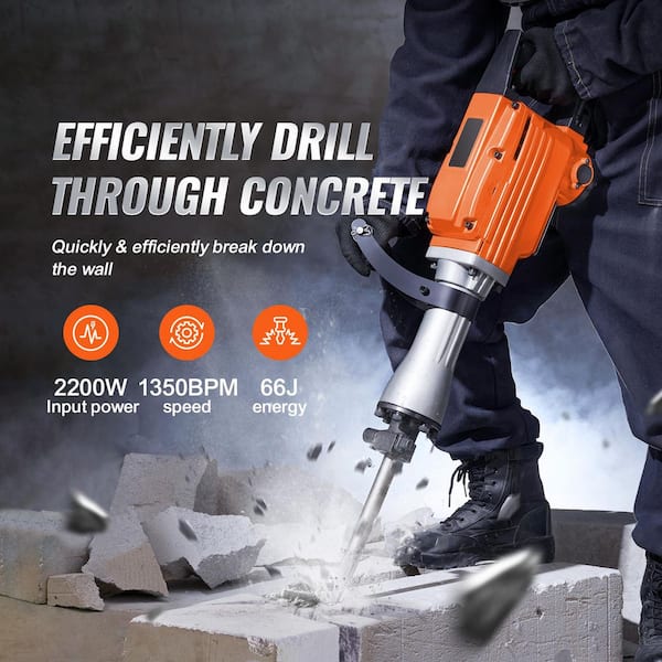 Demolition Jack Hammer Concrete Breaker, 25.6 x 4.7 in., 2200W Electric Hammer 6 Chisel Bits