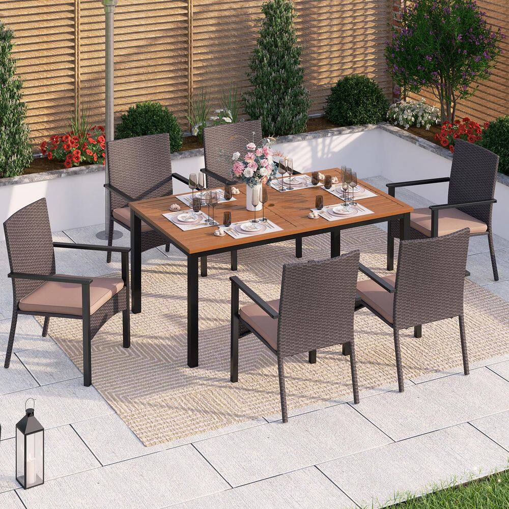 PHI VILLA Black 7-Piece Metal Patio Outdoor Dining Set with Straight ...