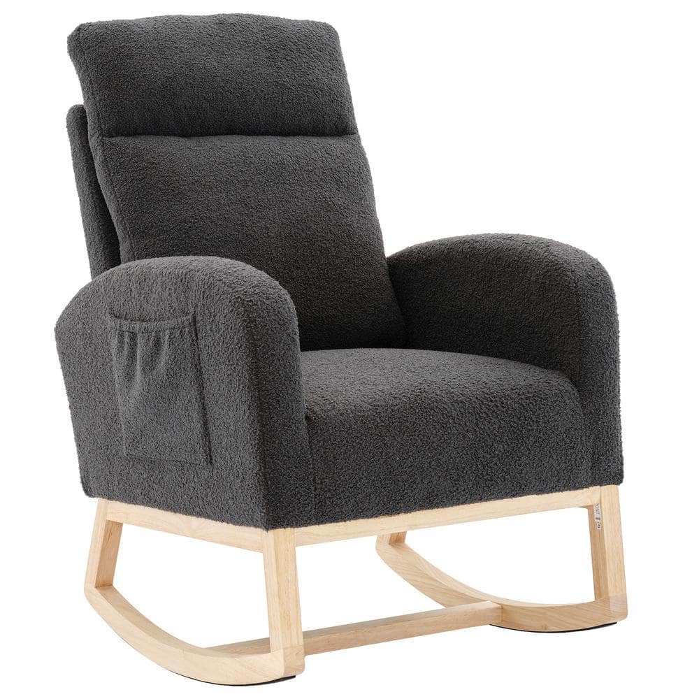 Grey Teddy Fabric Upholstered Rocking Chair with Solid Wood Legs Nursery Glider Rocker Comfy Armchair with Side Pocket