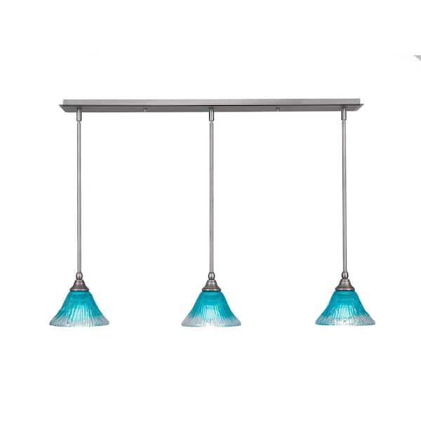 Unbranded Livingston 100-Watt 3 Light Brushed Nickel, Linear Pendant Light with 7 in. Teal Crystal Glass Shades No Bulbs Included