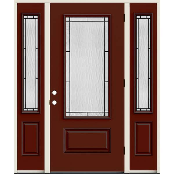 60 in. x 80 in. Left-Hand 3/4 Lite Decorative Glass Wendover Black Cherry Fiberglass Prehung Front Door w/Sidelites