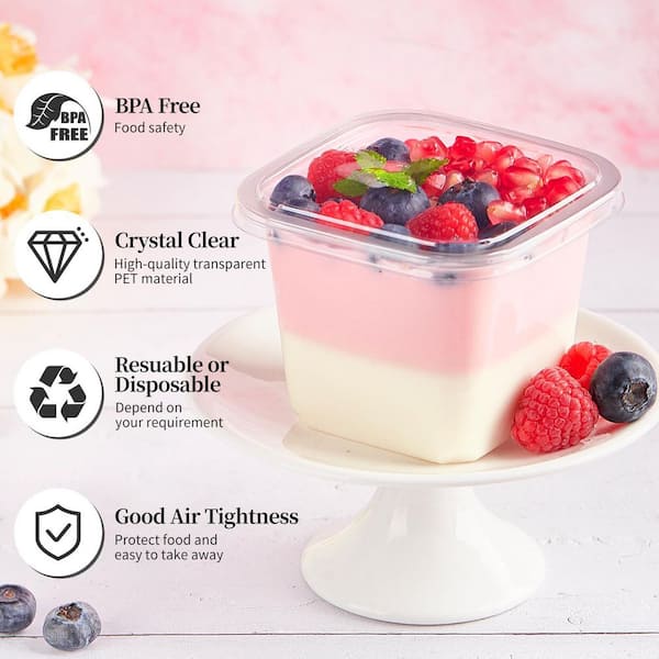 LAIFUCAM 50 Pack 12 oz. Clear Plastic Dessert Cups with Lids Square Food Storage Containers for Pudding Parfait Yogurt
