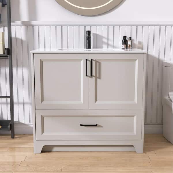 Getpro 36 in. W x 22 in. D x 35 in. H Single Sink Freestanding Bathroom Vanity Cabinet Light Gray with Solid Surface White Top