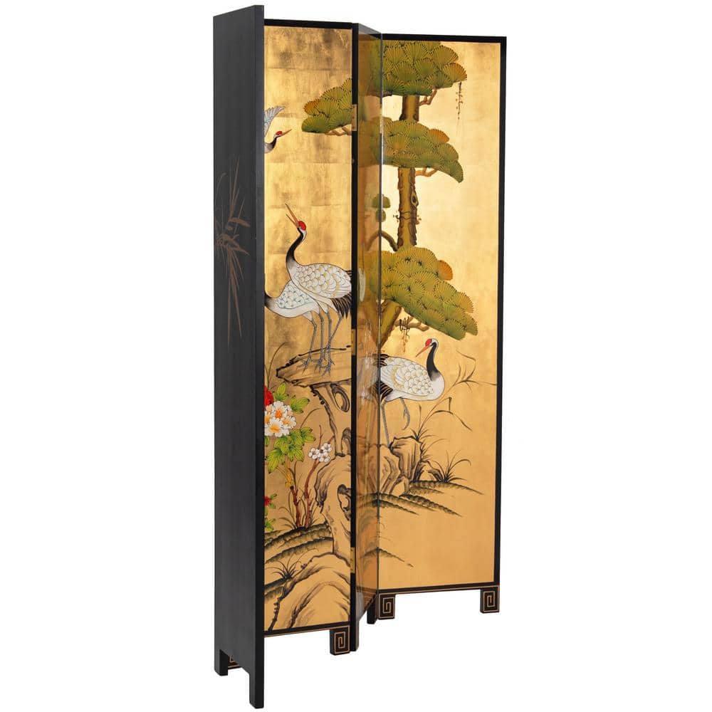6 Ft. Tall Gold Lacquer Room Divider with Hand-Painted Cranes
