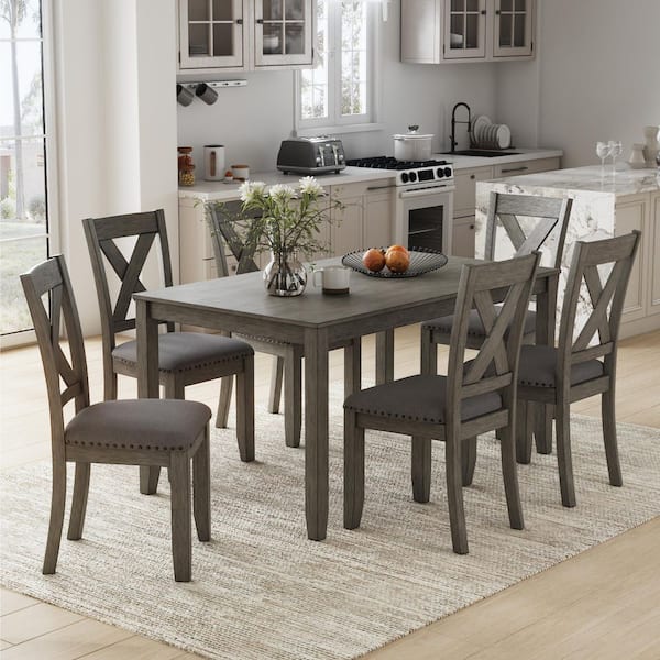 Caitbrook 7-Piece Rectangle Gray MDF Top Dining Room Set Seats 6