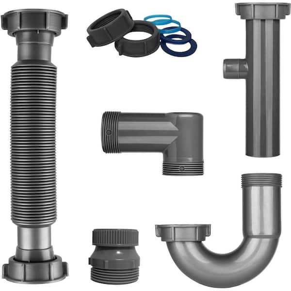 1-Pc Universal 1-1/4in. & 1-1/2in. P Trap Drain Kit in Black Flexible PP U-Bend Plumbing Pipe,Included Mounting Hardware