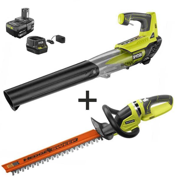 RYOBI ONE+ 18V 100 MPH 280 CFM Cordless Battery Jet Fan Leaf Blower and Hedge Trimmer with 4.0 Ah Battery and Charger