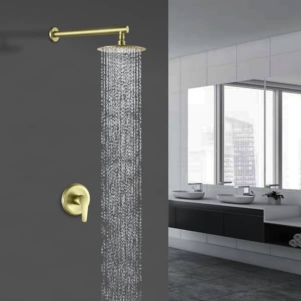 1-Spray Patterns 8 in. Wall Mount Rain Fixed Shower Head Built-in Shower System with Single Handle in Brushed Gold