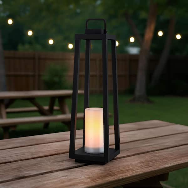 24 in. Black Modern Rechargeable Integrated LED Candle Shape Solar Lantern Table Lamp with Plastic Shade and USB Port