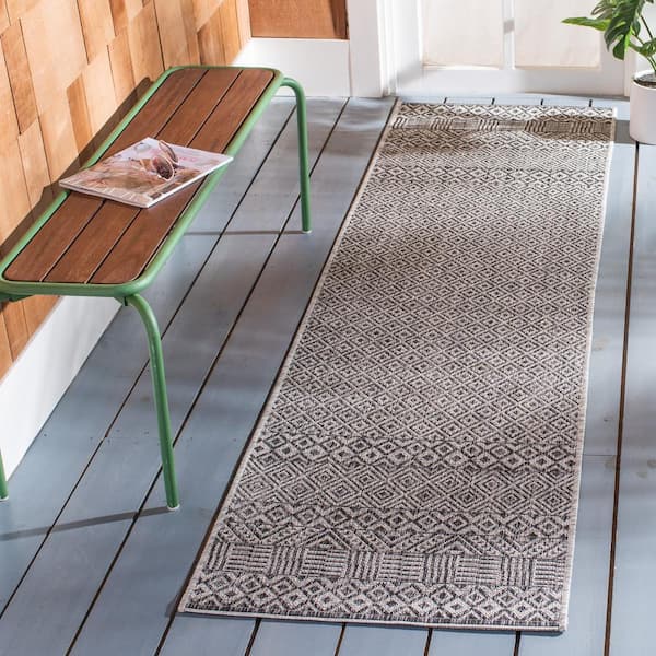 Courtyard Gray/Black 2 ft. x 5 ft. Geometric Diamond Indoor/Outdoor Runner Rug