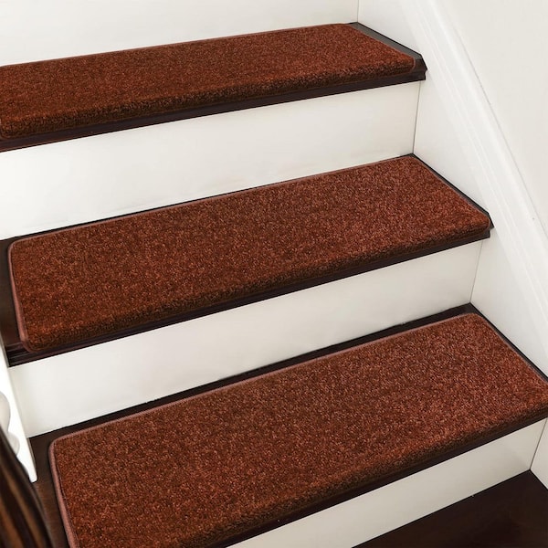 PURE ERA Brown 9.5 in. x 30 in. x 1.2 in. Bullnose Indoor Non-slip Carpet Stair Tread Cover Tape Free Non Slip (Set of 7)