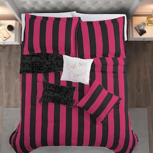 Black/Hot Pink Juicy Cabana Stripe King Microfiber Comforter Set