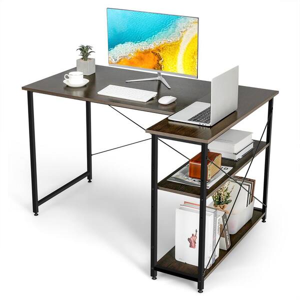 Costway 48 in. Brown Wood Reversible L Shaped Computer Desk Home Office Table Adjustable Shelf P12I 10N121ZS The Home Depot