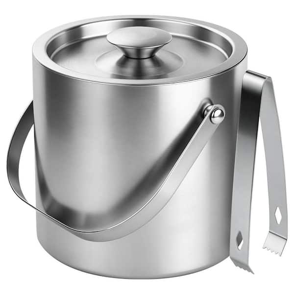 3 qt. Silver Double-Wall Insulated Stainless Steel Ice Bucket with Lid and Tongs for Parties Wine Drink Container Holder
