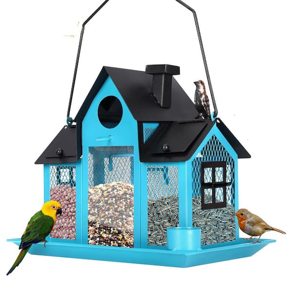 Unbranded Solar Black & Blue Metal Squirrel Guard Hanging Multiple Bird Species Seed Feeder - 5 lbs. with Night Lights 1-Pack