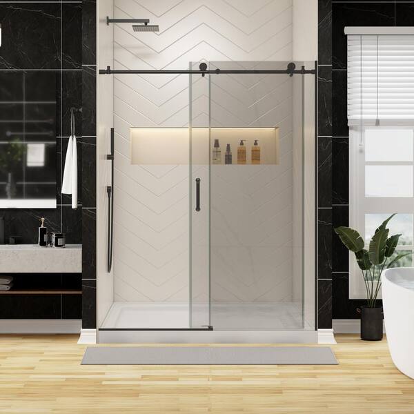 ANGELES HOME 56-60 in. W x 74 in. H Sliding Frameless Shower Door in Matted Black Finish with 5/16 in. Tempered Clear Glass