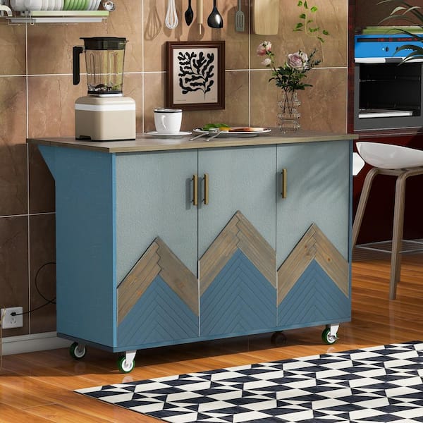 Zeus & Ruta Navy Blue Wood 51.6 in. W Farmhouse Kitchen Island with Drop Leaf, Internal Storage Rack and Three Doors