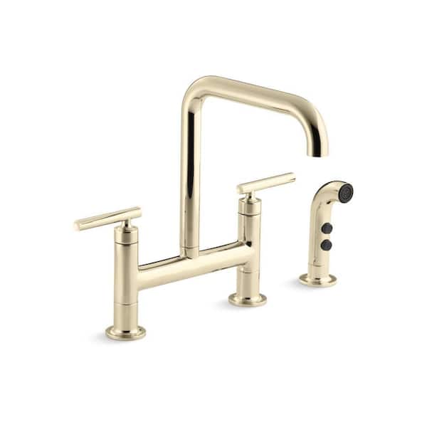 KOHLER Purist Double-Handle Surface Mount Bridge Kitchen Faucet in Vibrant French Gold