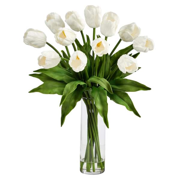 Nearly Natural 23 in. White Artificial Tulip Floral Arrangement with Cylinder Glass Vase