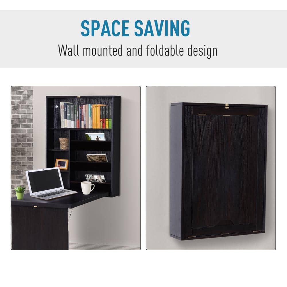 Espresso Brown Foldable Wall Mounted Writing Desk with Storage