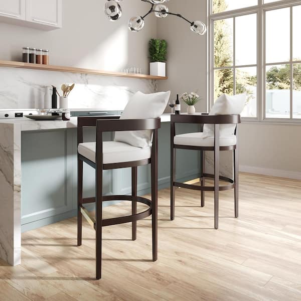 Ritz 30.5 in. Ivory and Dark Walnut Beech Wood Bar Stool with Faux Leather Upholstered Seat