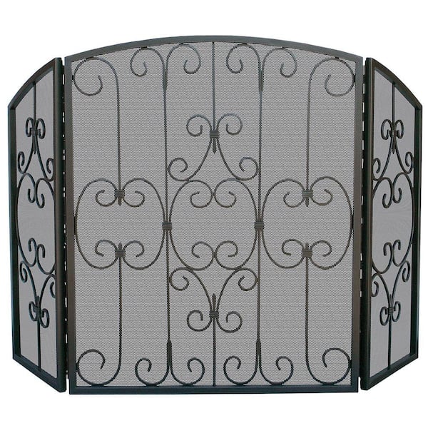 UniFlame Graphite 3-Panel Fireplace Screen with Decorative Scrollwork