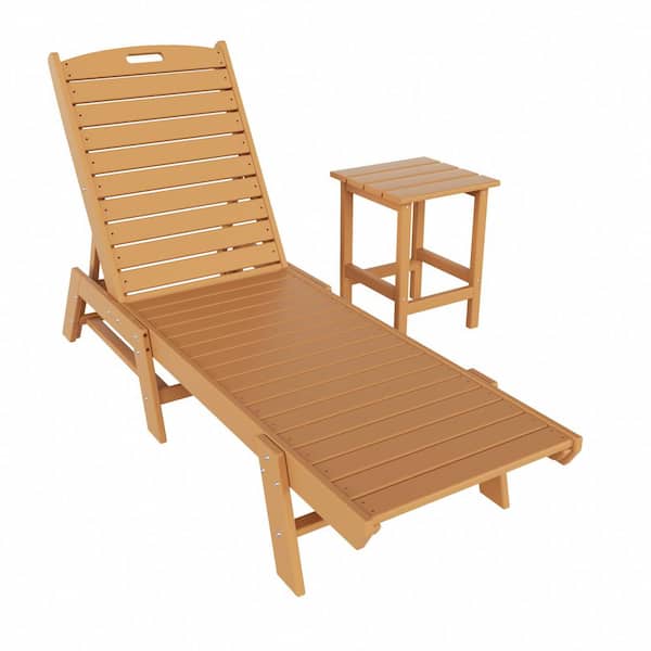 Laguna 2-Piece Teak Fade Resistant Poly HDPE Plastic Outdoor Patio Reclining Chaise Lounge Chair with Side Table Set