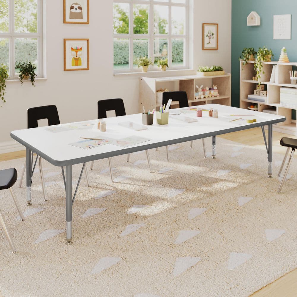 Wren Adjustable White Top/Silver Frame Rectangle Kids Activity Table with Thermal Laminate Top for 10
