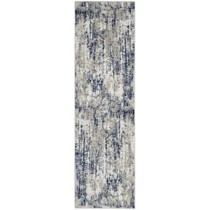 Cyrus Ivory/Navy 2 ft. x 8 ft. Abstract Contemporary Kitchen Runner Area Rug