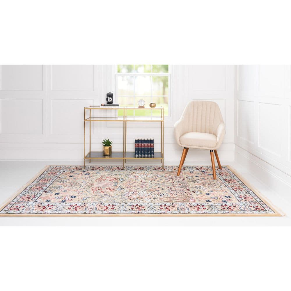 Beige Rectangular Synthetic Easy-Care Stain-Resistant Rug