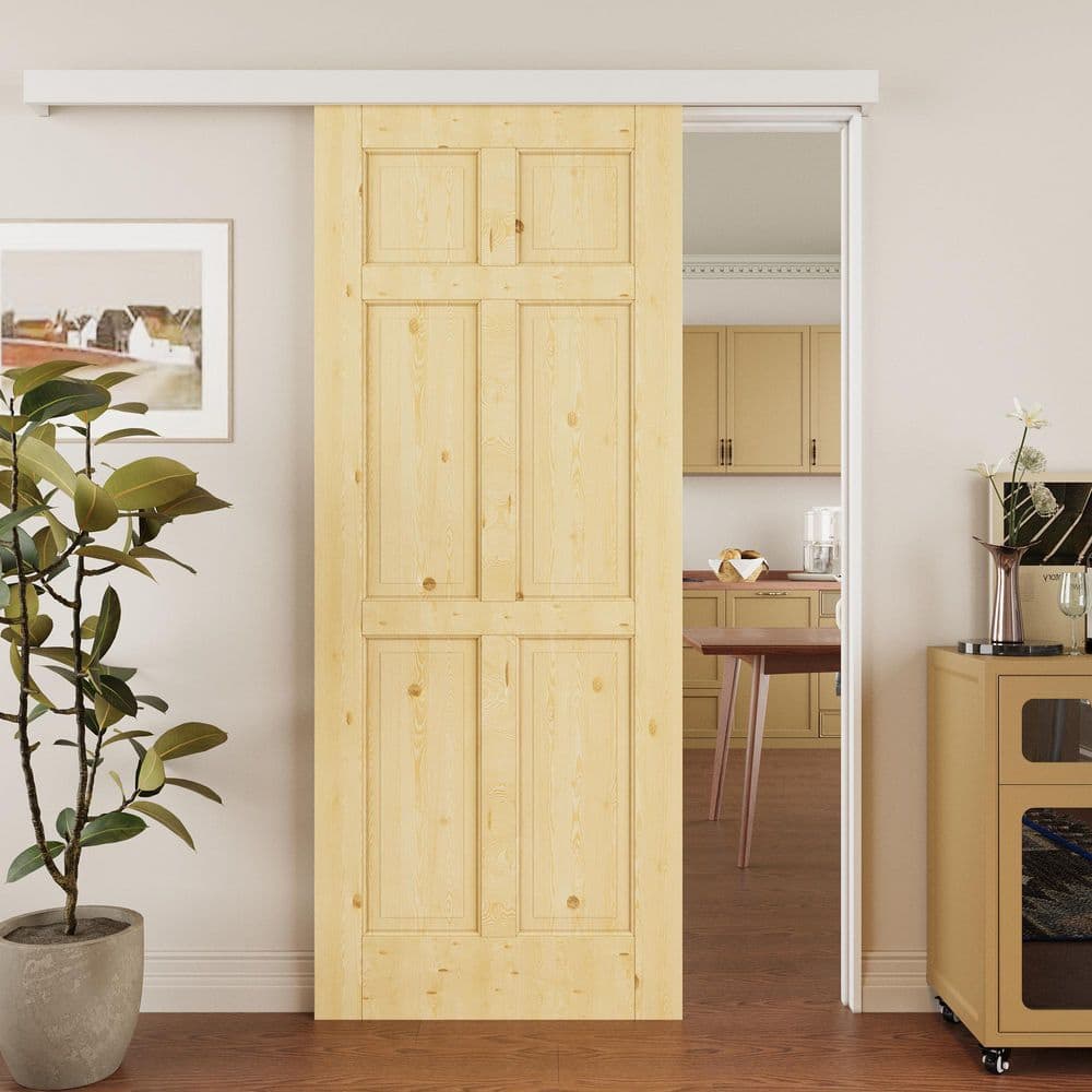 ARK DESIGN 32 in. x 80 in. Hidden Track Style 6-Panel Solid Pine Wood ...