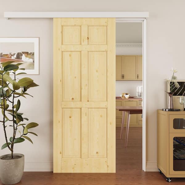 ARK DESIGN 32 in. x 80 in. Hidden Track Style 6-Panel Solid Pine Wood Unfished Sliding Barn Door with Hardware Kit