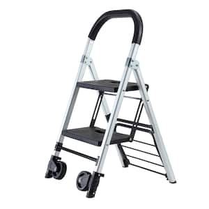 Portable 4 in. 2 Step Ladder Folding Step Stool, Folding Dual-Purpose Stair Car TPR Wheels Load Capacity 265 lbs.