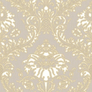 Traditional Damask Gold/Beige Metallic Finish Vinyl on Non-woven Non-Pasted Wallpaper Roll