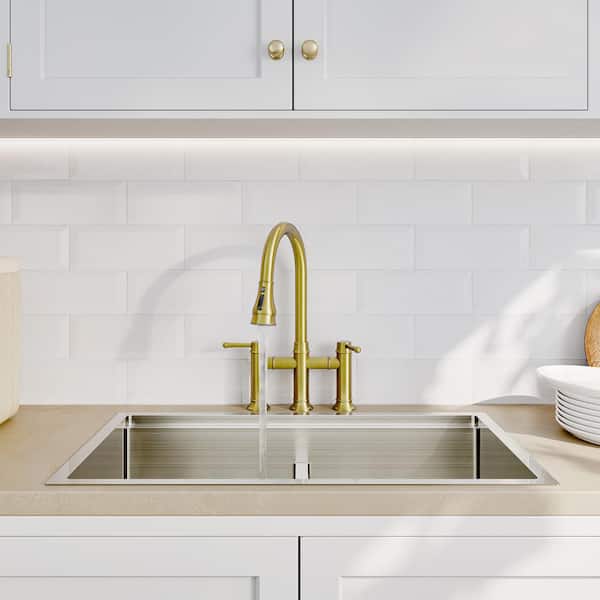3 Hole Double Handles Deck Mounted Bridge Kitchen Faucet with Pull Down Sprayer in Brushed Gold