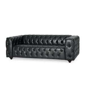 Feichko 83.5 in. Wide Black and Dark Brown 3-Seat Square Arm Faux Leather Straight Midnight Faux Leather Sofa