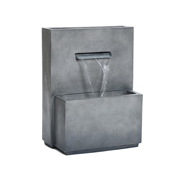 LuxenHome 26 in. Cascading Gray with Speckled Black Resin Waterfall Fountain with Planter