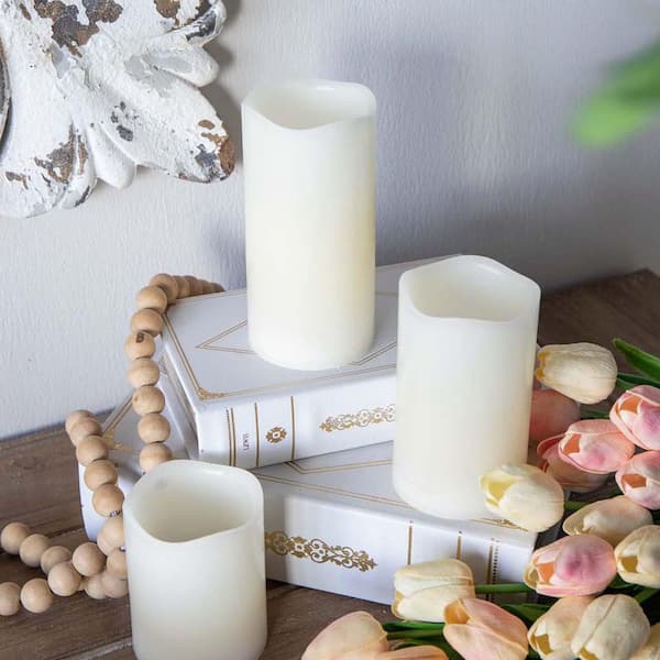Ivory Battery Powered LED Candles (3-Pack), L:D 3 in. x 6 in. M:D 3 in. x 5 in. S:D 3 in. x 4 in.