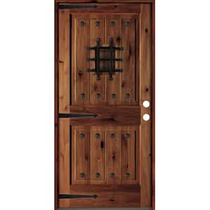 42 in. x 80 in. Mediterranean Knotty Alder Sq. Top Red Chestnut Stain Left-Hand Inswing Wood Single Prehung Front Door