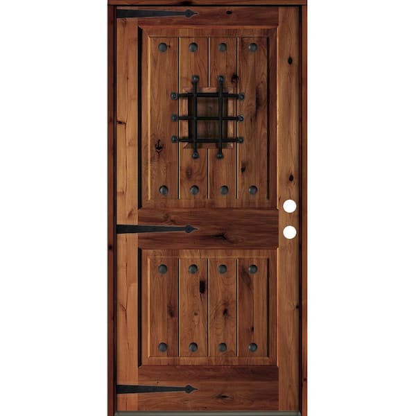 Krosswood Doors 42 in. x 80 in. Mediterranean Knotty Alder Sq. Top Red Chestnut Stain Left-Hand Inswing Wood Single Prehung Front Door