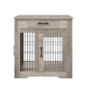 Dog Crate Furniture Dog Kennel End Table with Drawer Decorative Pet Crate Dog House with Double Doors in Grey