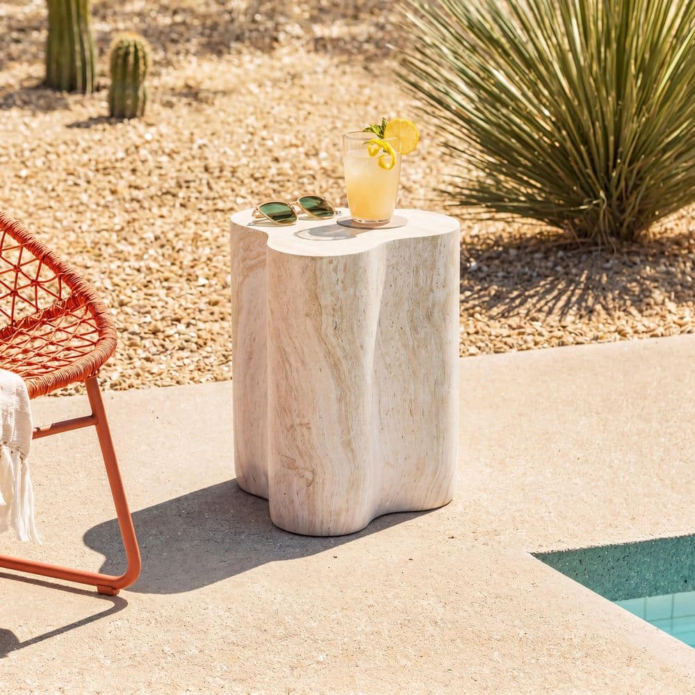 Doyle Modern Light Beige MGO Patio Outdoor Side Table Ribbed Texture for Patio, Travertine-Look Terrazzo price history on PriceWatchPro
