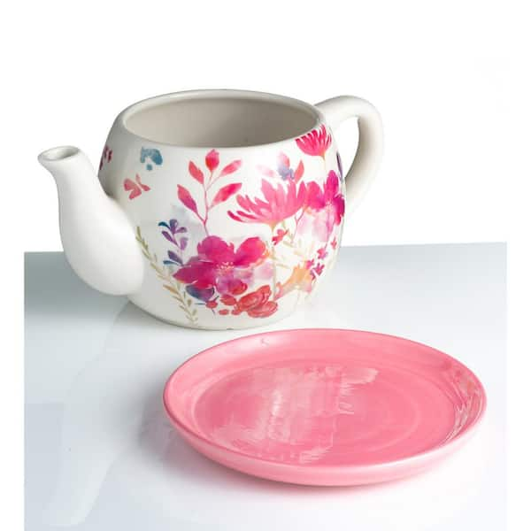 Evergreen Floral Pink Ceramic Tea Cup Indoor/Outdoor Planter with