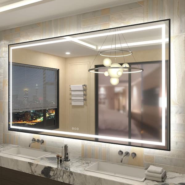 Apmir 72 in. W x 40 in. H Rectangular Framed Front and Back LED Lighted Anti-Fog Wall Bathroom Vanity Mirror in Tempered Glass