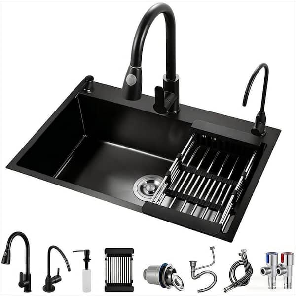 23.6 in. Drop In/Topmount Single Bowl Gunmetal Black Stainless Steel Kitchen Sink with Faucet and Bottom Grids